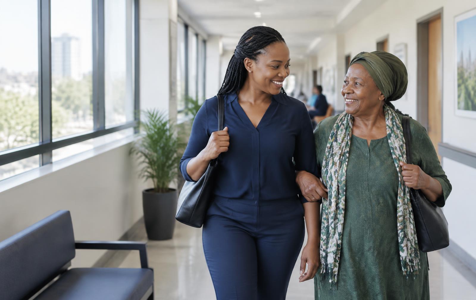A daughter and her mother leaving a healthcare visit together